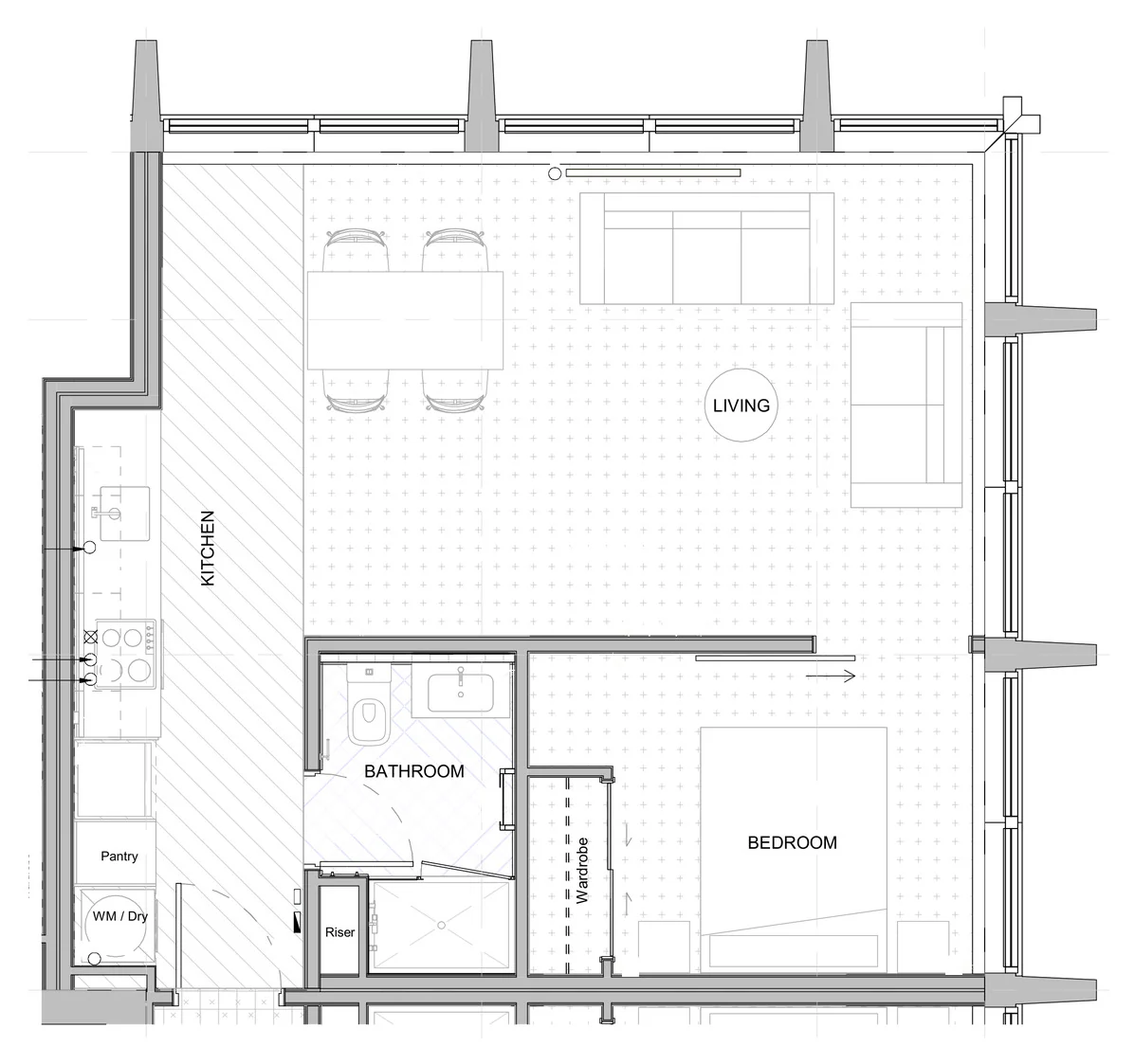 Floor plan of a one bedroom corner apartment at Avalon Apartments, Lower Hutt