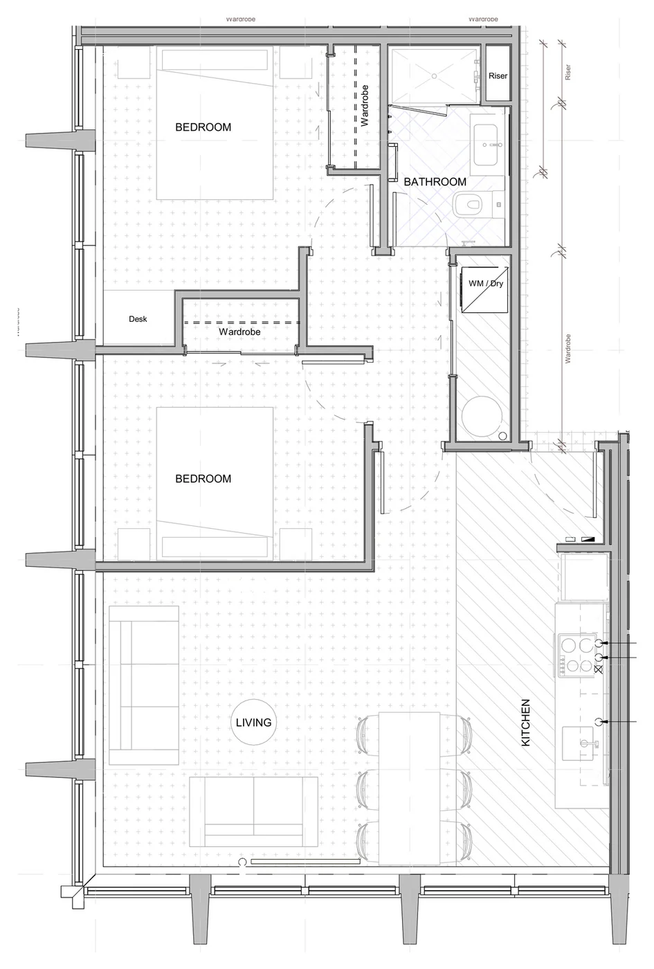 Floor plan of a two bedroom corner apartment at Avalon Apartments, Lower Hutt