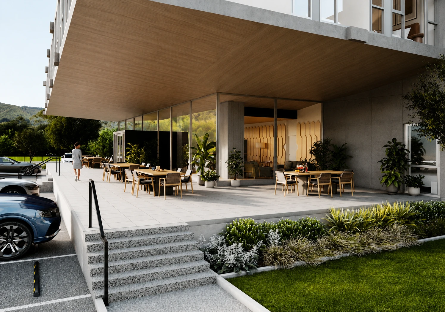 Artist impression of Avalon's landscaped arrival terrace beside the residents lounge